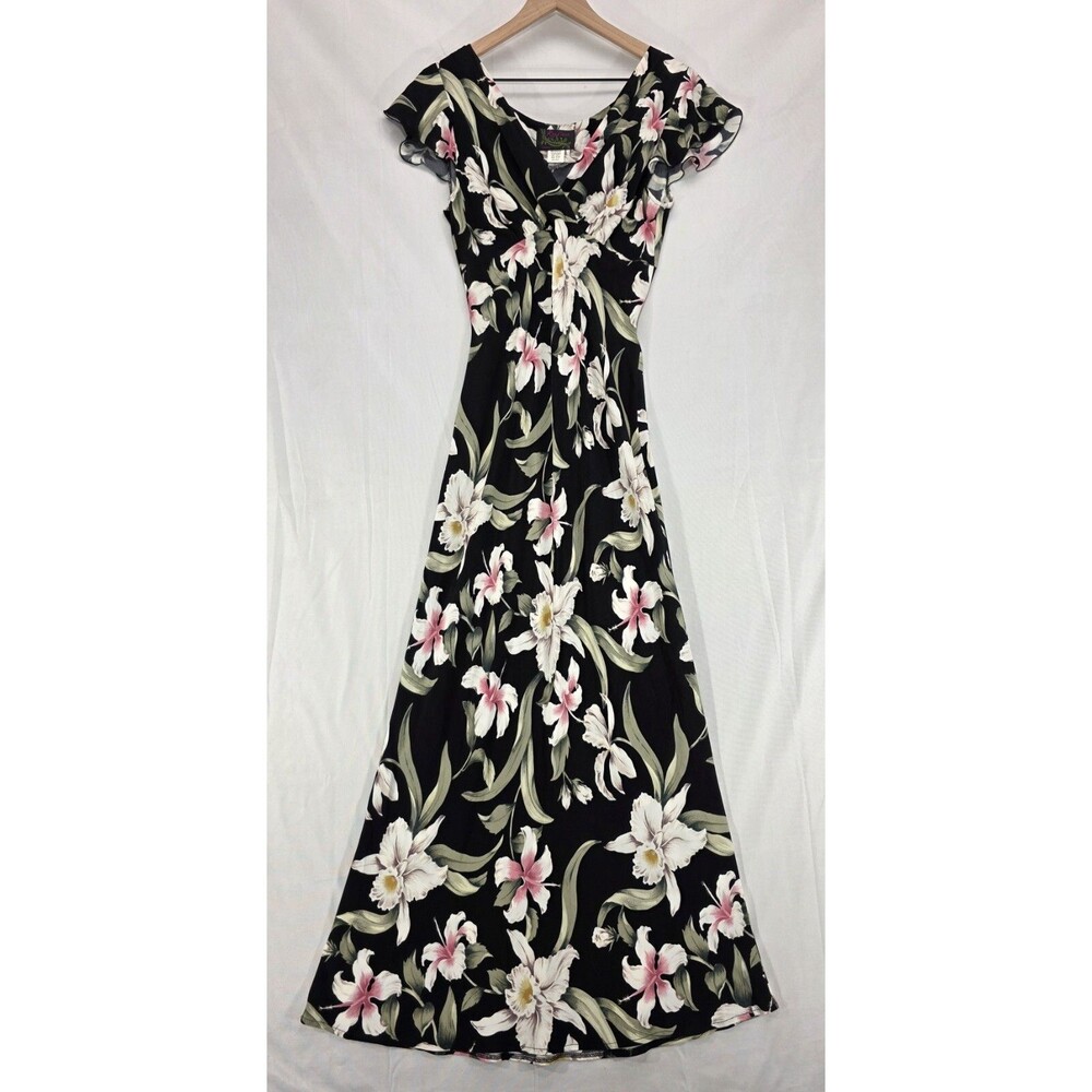 Vintage 90s Kaua'iana Hawaiian Maxi Dress Black Floral Tropical Resort Hawaii